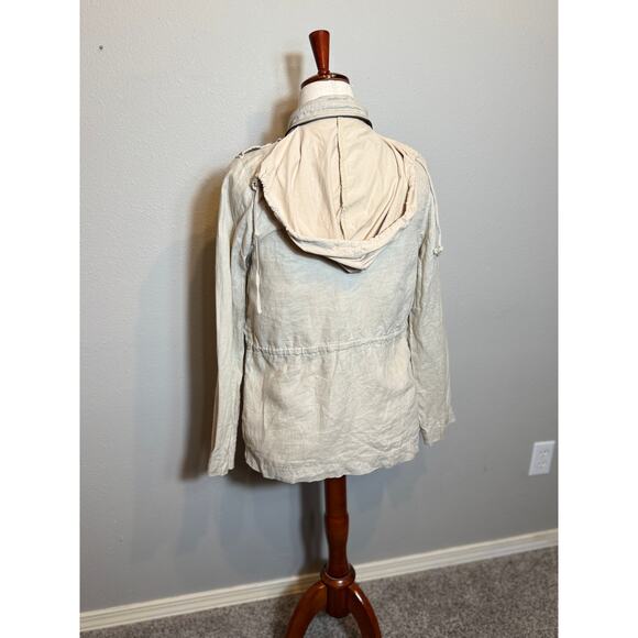Olivia Moon jacket 100% tan linen hooded cargo utility pockets zip button sz XS - Picture 4 of 11